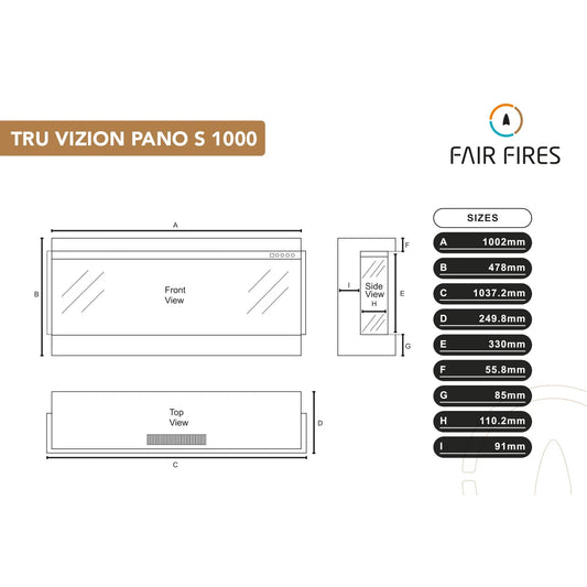 Technische tekening van Fair Fires Tru Vizion Pano S 1000 met afmetingen in millimeters.