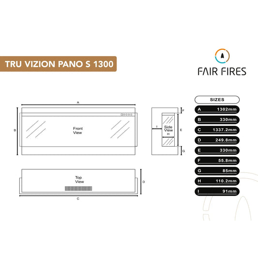 Fair Fires Tru Vizion Pano S 1300 met afmetingen en voor-, zij- en bovenaanzicht.