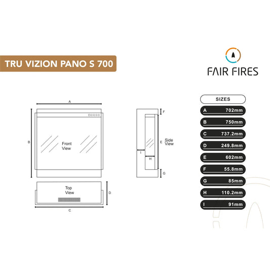 Technische tekening en afmetingen van de Fair Fires Tru Vizion Pano S 700 haard.