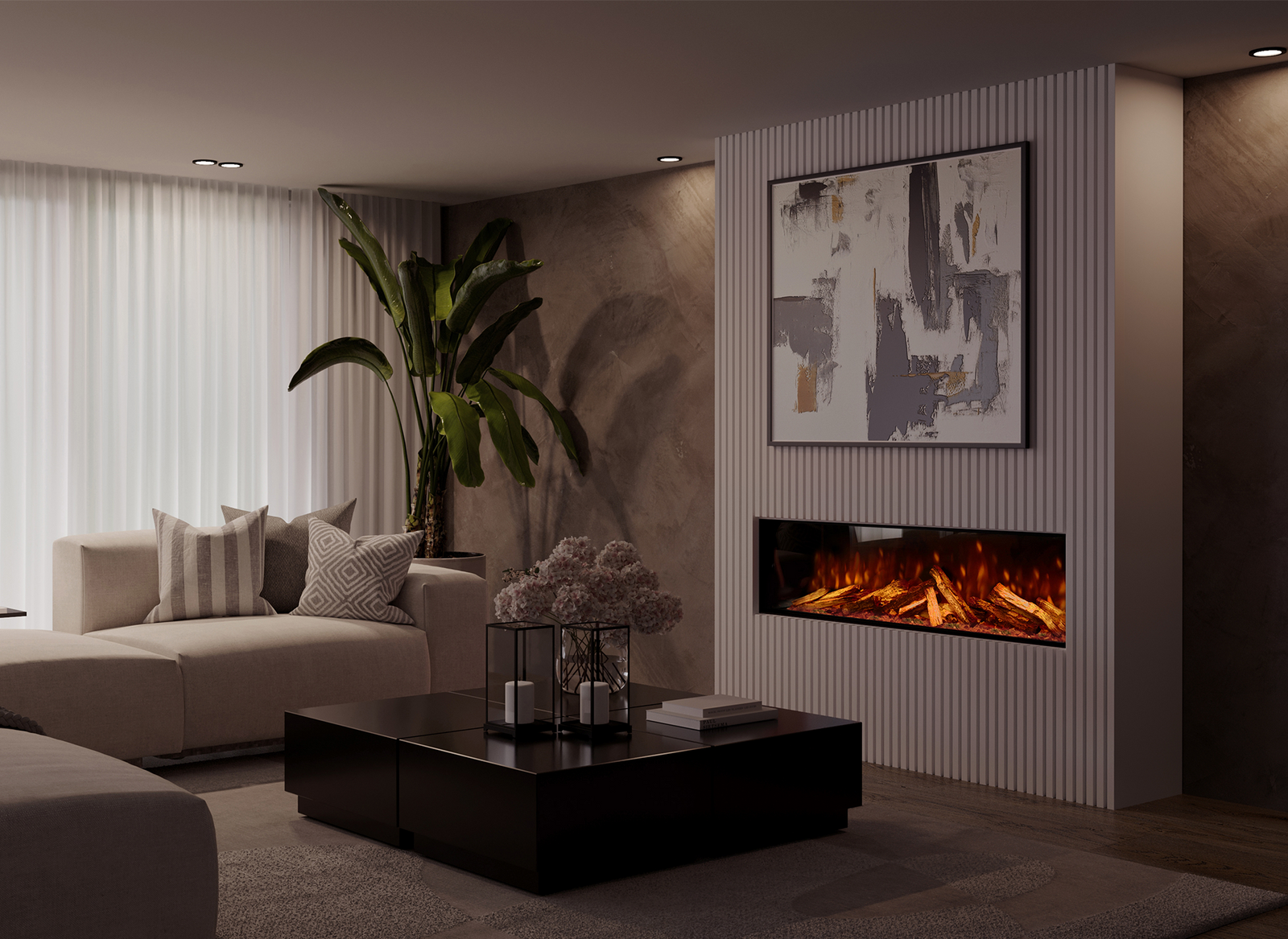 Fair Fires Tru Vizion Pano S 1000 in moderne woonkamer met brandend vuur