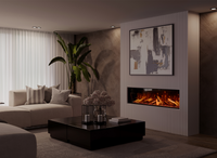 Fair Fires Tru Vizion Pano S 1000 in moderne woonkamer met brandend vuur