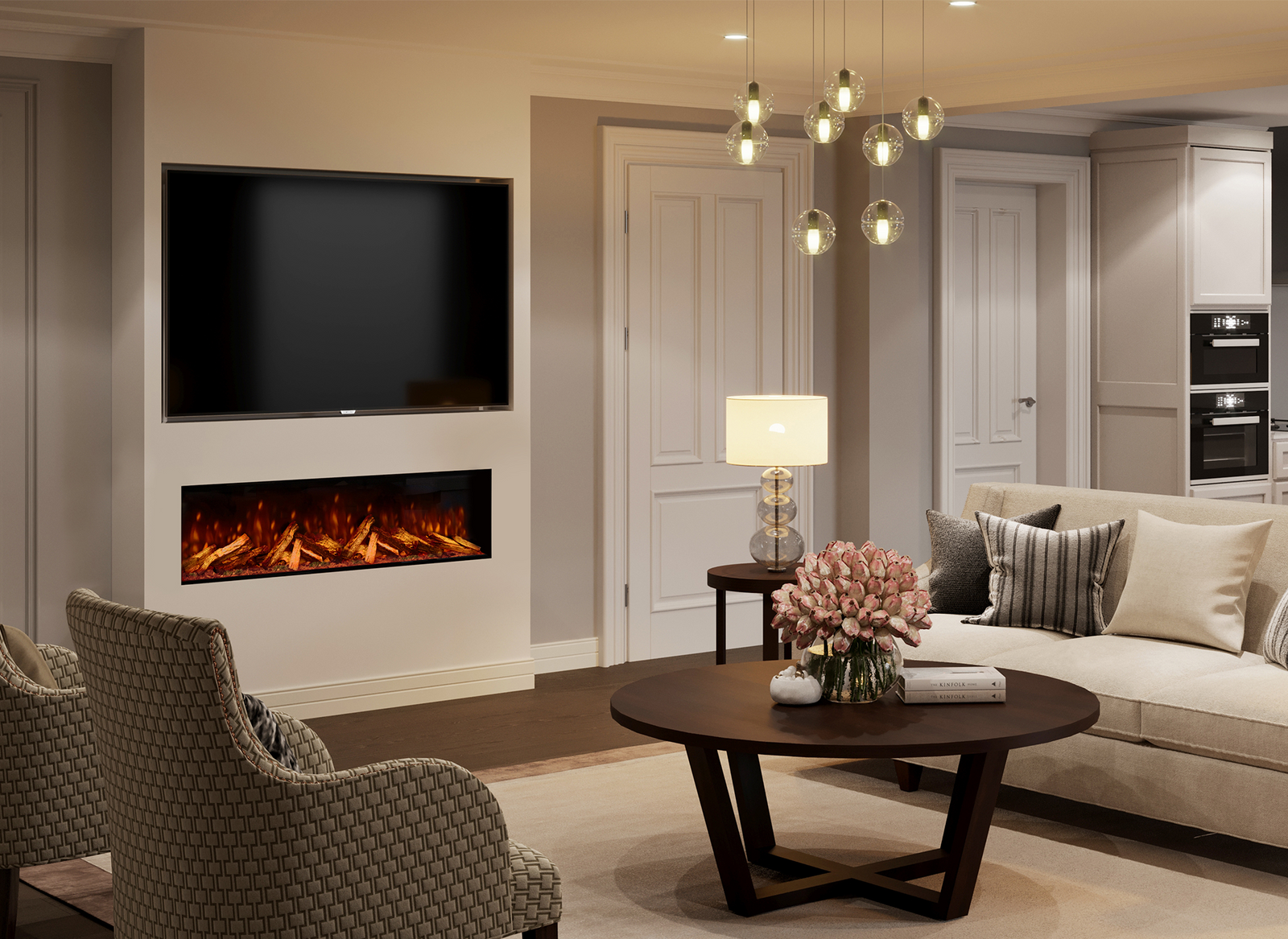 Fair Fires Tru Vizion Pano S 1300 ingebouwd onder een tv in moderne woonkamer