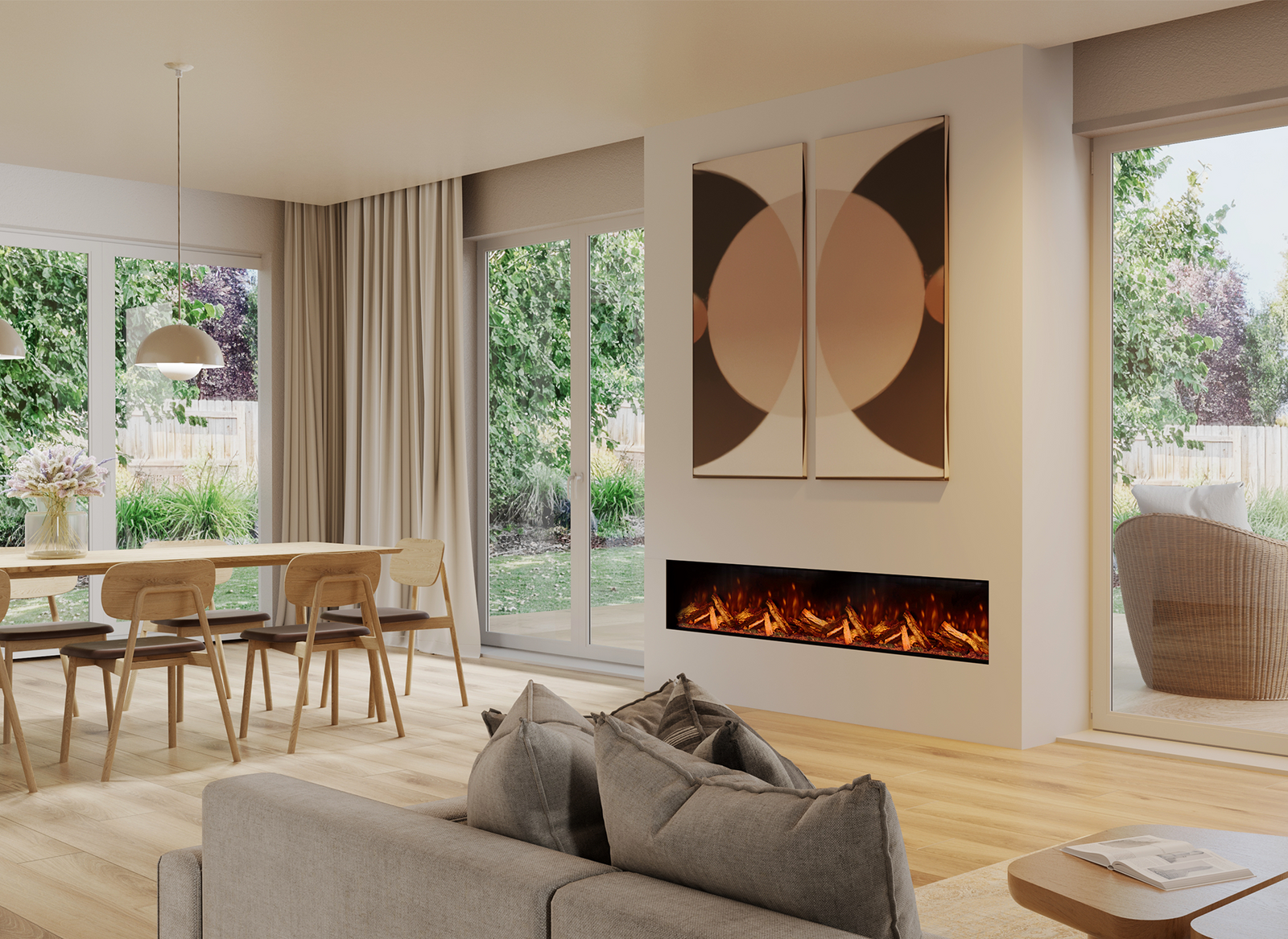 Fair Fires Tru Vizion Pano S 2000 ingebouwd in moderne woonkamer met vlammen