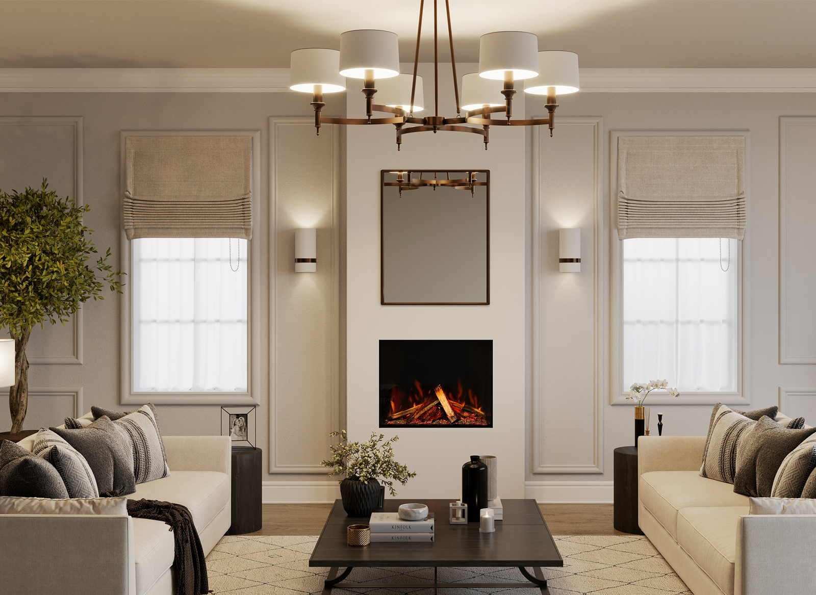 Fair Fires Tru Vizion Pano S 700 in stijlvolle woonkamer met brandend vuur