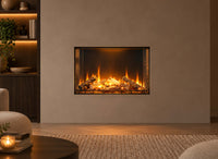 Fair Fires Solution Pure 80 ingebouwde haard met vlammen in een sfeervolle woonkamer