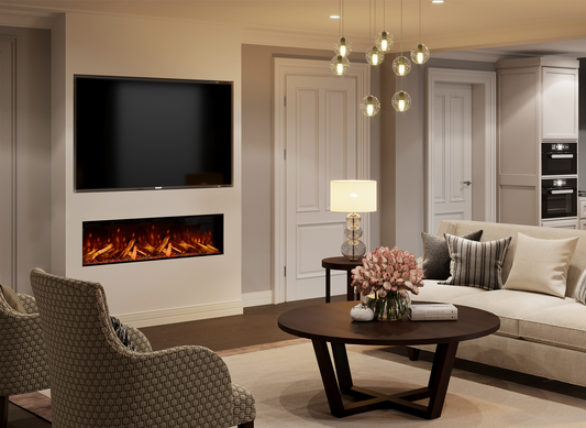 Fair Fires Tru Vizion Pano S 1300 ingebouwd onder een tv in moderne woonkamer