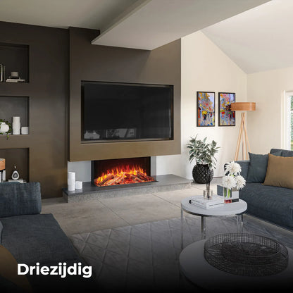 Woonkamer met de Fair Fires Tru Vizion Solution 1000 haard, moderne inrichting en kunst aan de muur.