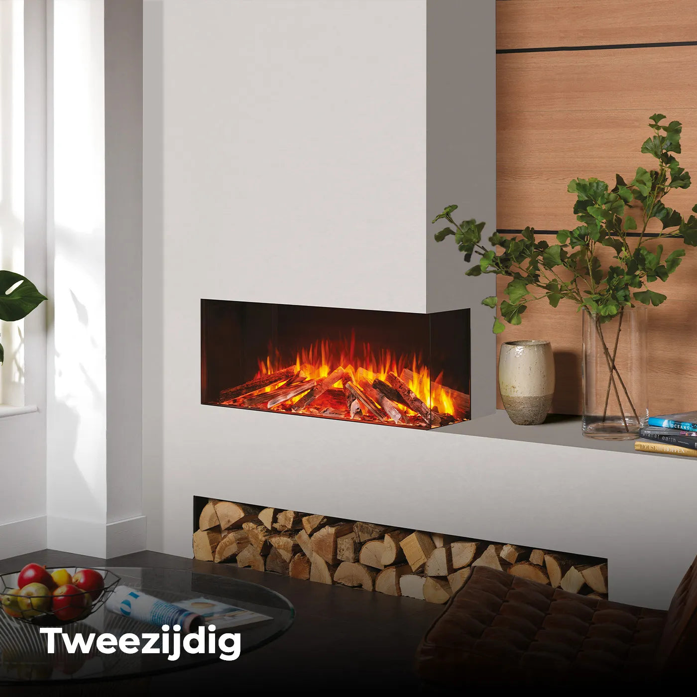 Fair Fires Tru Vizion Solution 1000, tweezijdige haard in een moderne woonkamer met houtopslag.