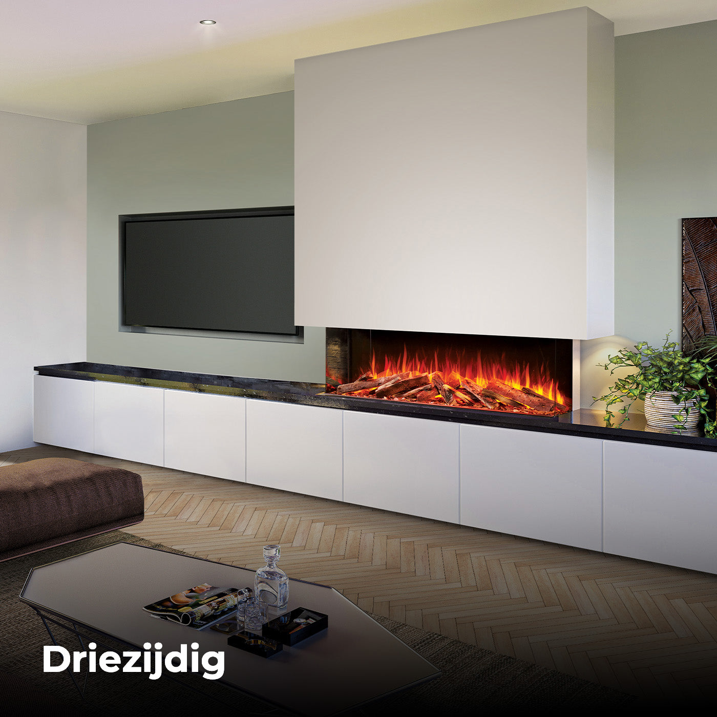 Fair Fires Tru Vizion Solution 1500 ingebouwd in moderne woonkamer met vlammen