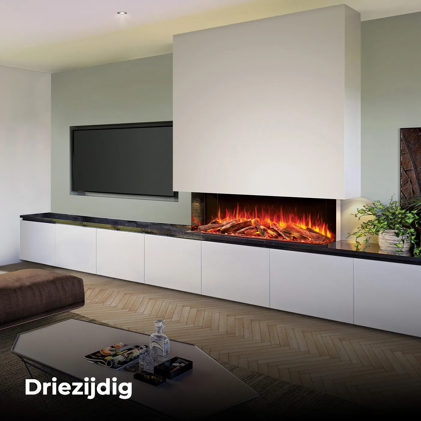 Fair Fires Tru Vizion Solution 1500, driezijdige haard ingebouwd in een moderne woonkamer.