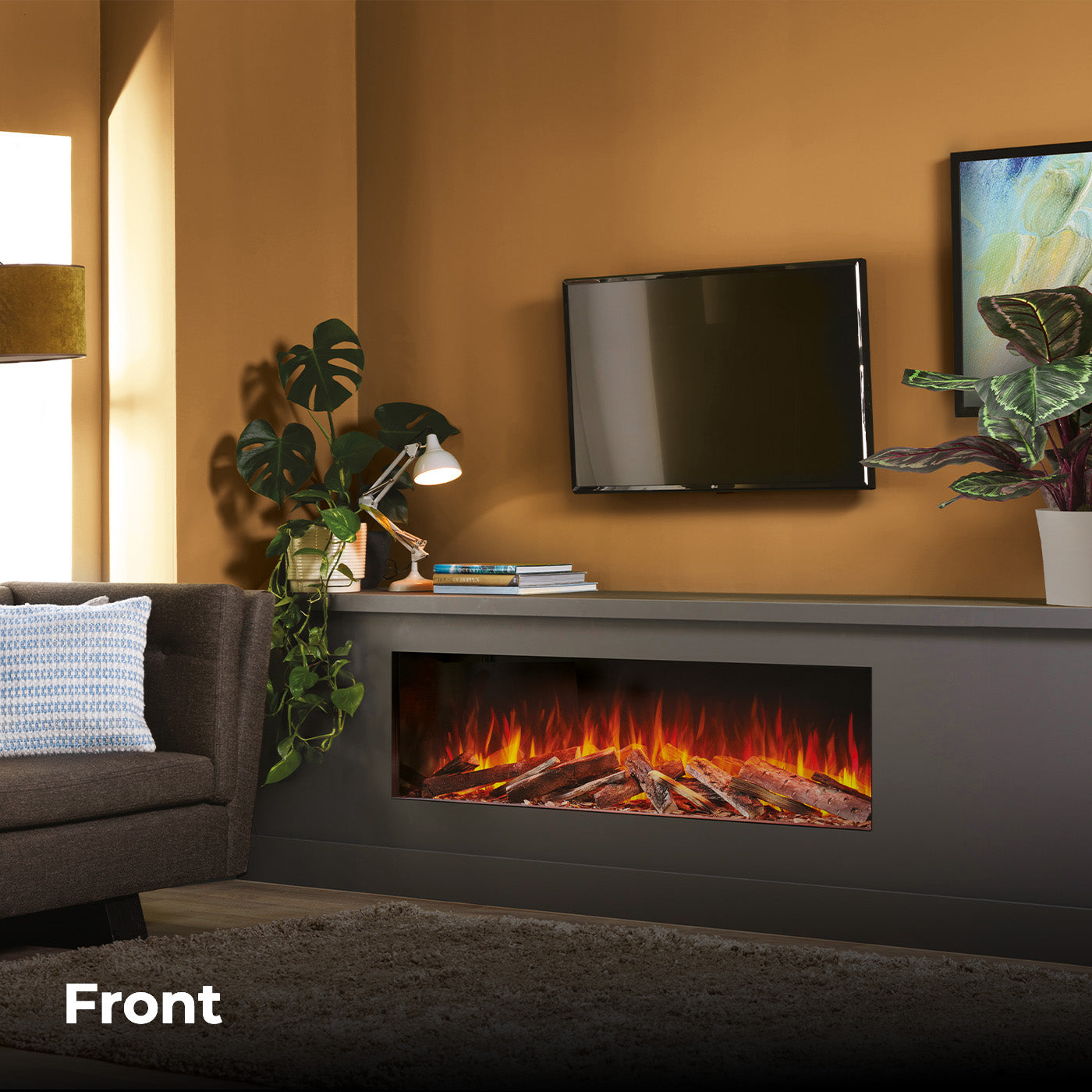Fair Fires Tru Vizion Solution 1500 in moderne woonkamer met ingebouwde vlammen