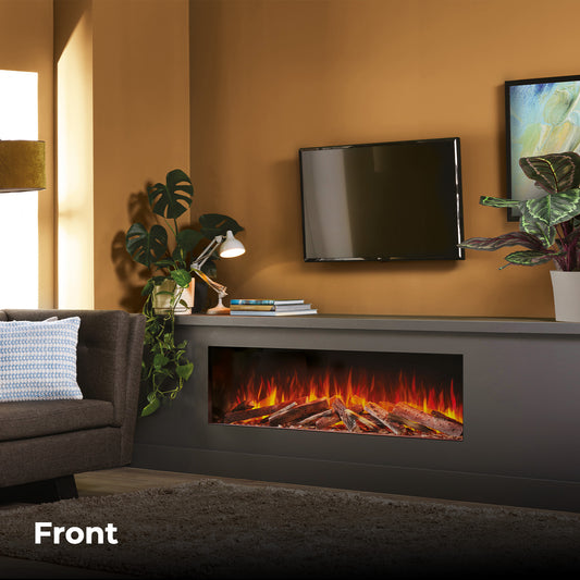 Fair Fires Tru Vizion Solution 1500 in moderne woonkamer met ingebouwde vlammen