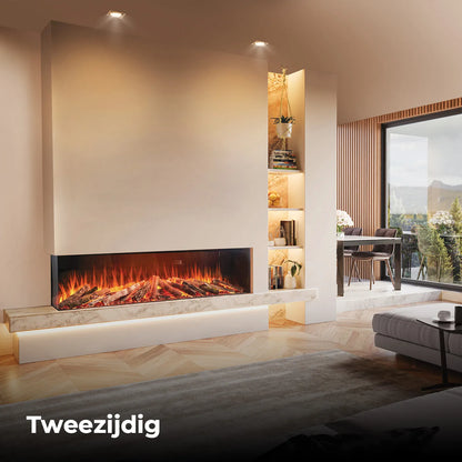 Fair Fires Tru Vizion Solution 1750, tweezijdige haard in een moderne woonkamer met ingebouwde planken.