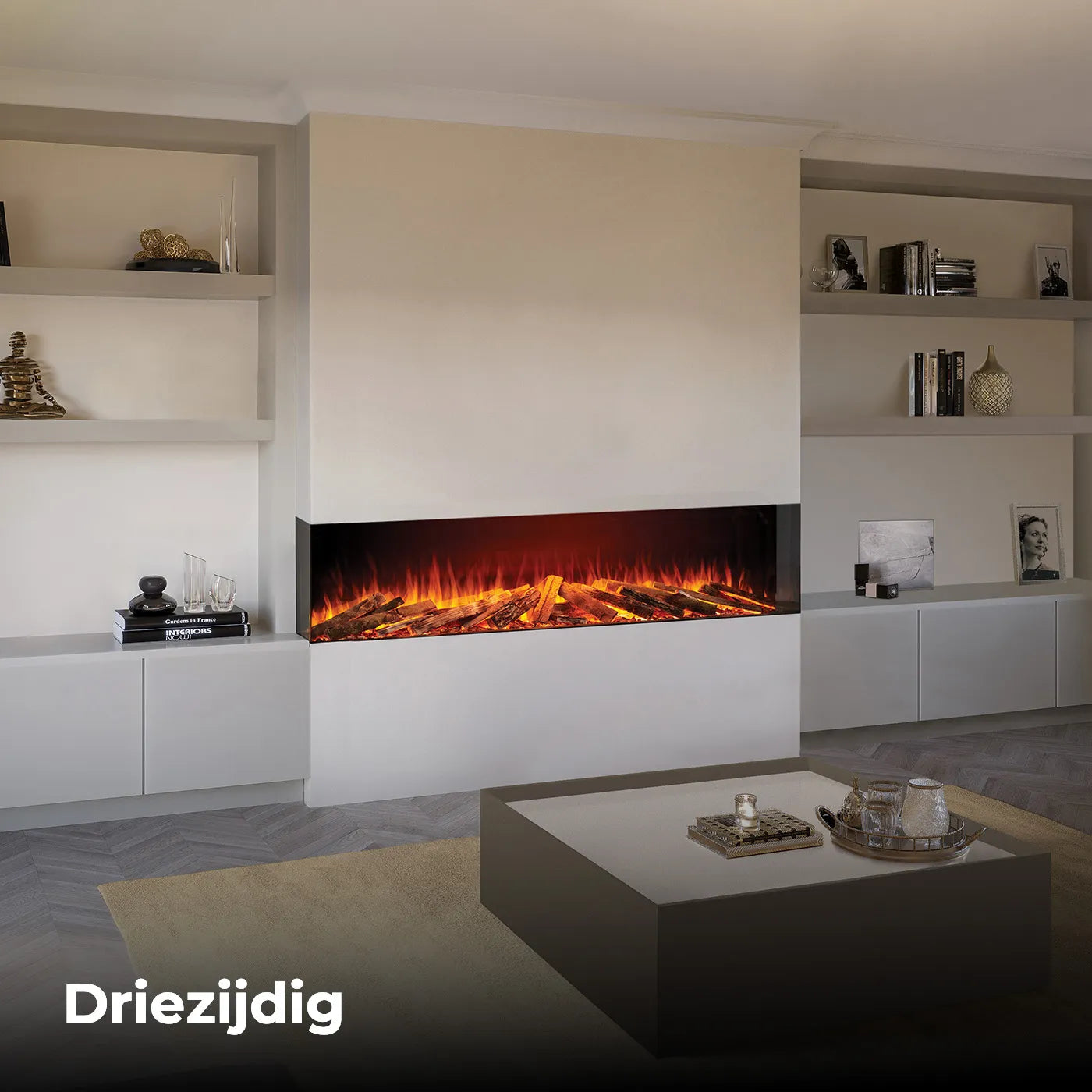 Fair Fires Tru Vizion Solution 2000, driezijdige haard in een moderne woonkamer met ingebouwde planken.