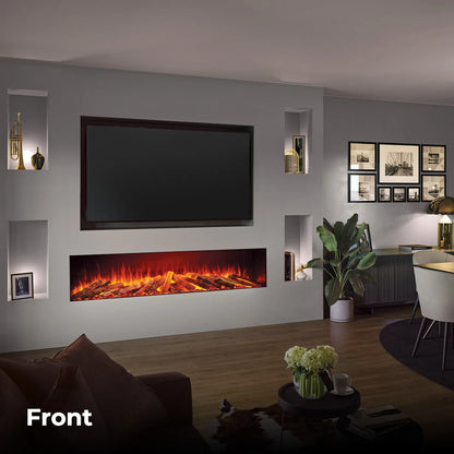 Woonkamer met Fair Fires Tru Vizion Solution 2000, ingebouwde haard onder een grote tv.