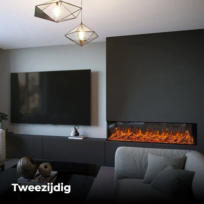 Woonkamer met Fair Fires Tru Vizion Pano 1500 haard, moderne meubels en geometrische hanglampen.