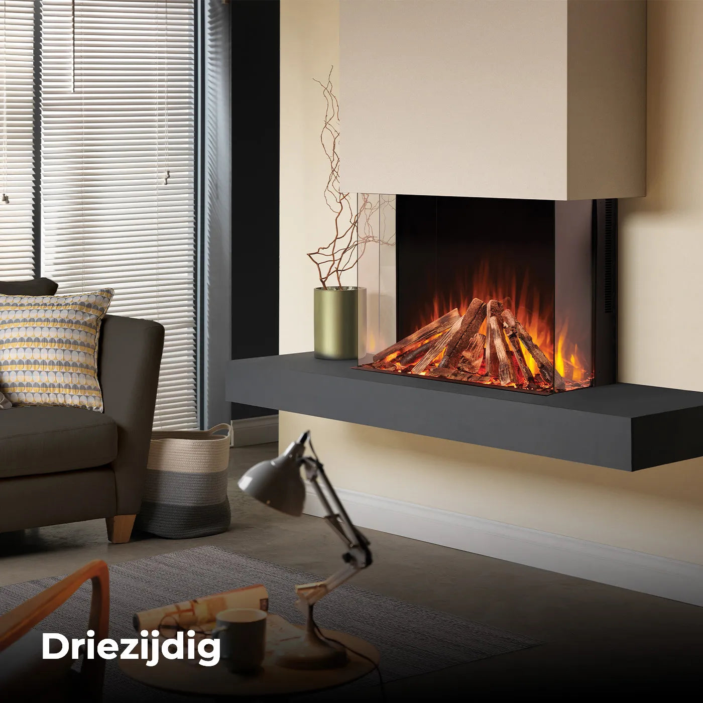 Fair Fires Tru Vizion Solution 750, driezijdige haard in een moderne woonkamer met decoratieve takken.