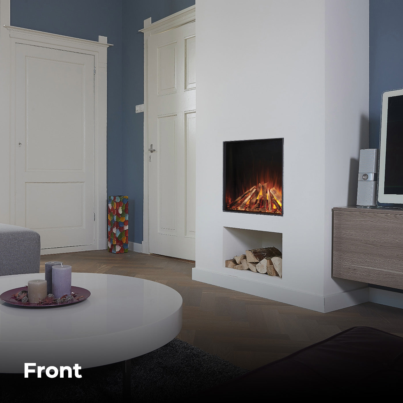 Fair Fires Tru Vizion Solution 750 in moderne woonkamer met vlammen