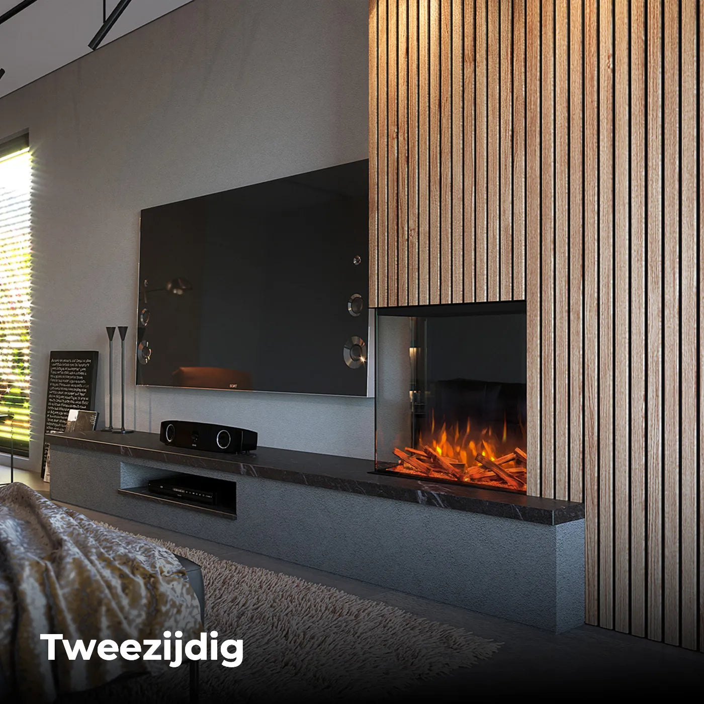 Moderne woonkamer met de Fair Fires Tru Vizion Pano 700 tweezijdige haard naast een tv.