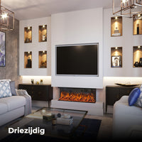 Fair Fires Tru Vizion Pano 1250 in moderne woonkamer met ingebouwde haard en tv