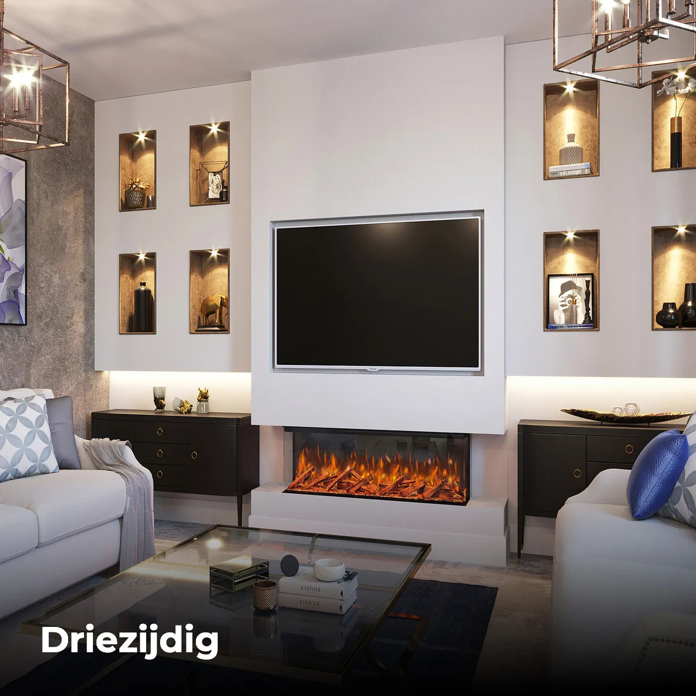 Woonkamer met Fair Fires Tru Vizion Pano 1250 haard onder een televisie, omgeven door decoratieve nissen.