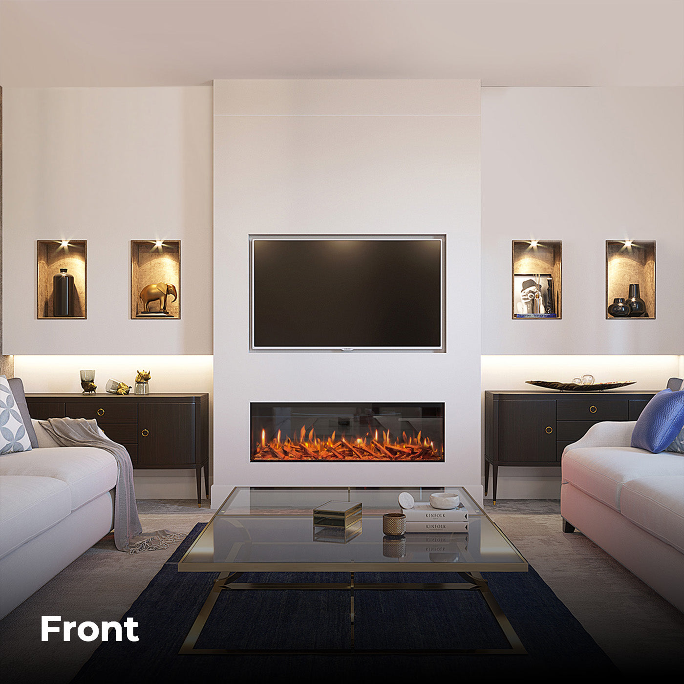 Fair Fires Tru Vizion Pano 1250 in moderne woonkamer met tv en haardvuur