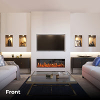 Fair Fires Tru Vizion Pano 1250 in moderne woonkamer met tv en haardvuur
