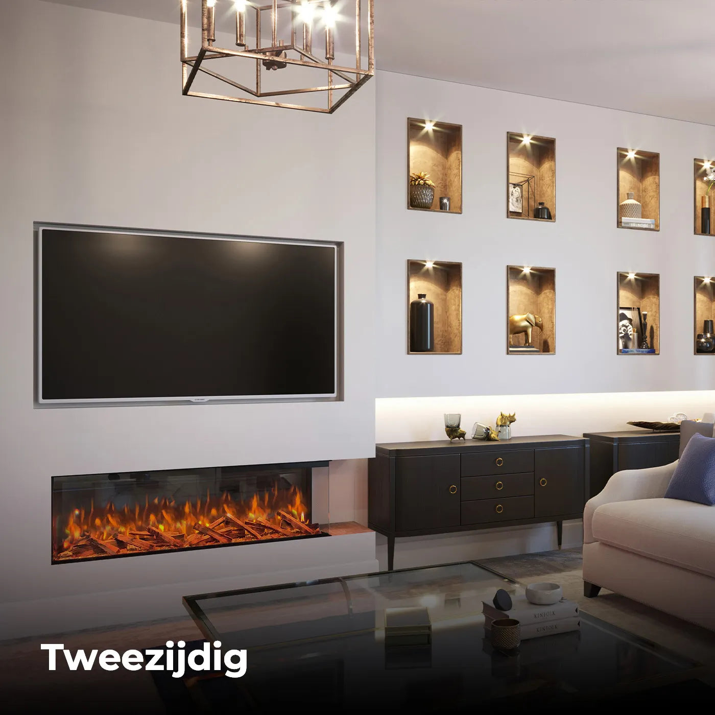 Woonkamer met Fair Fires Tru Vizion Pano 1250 haard onder een televisie, moderne inrichting.