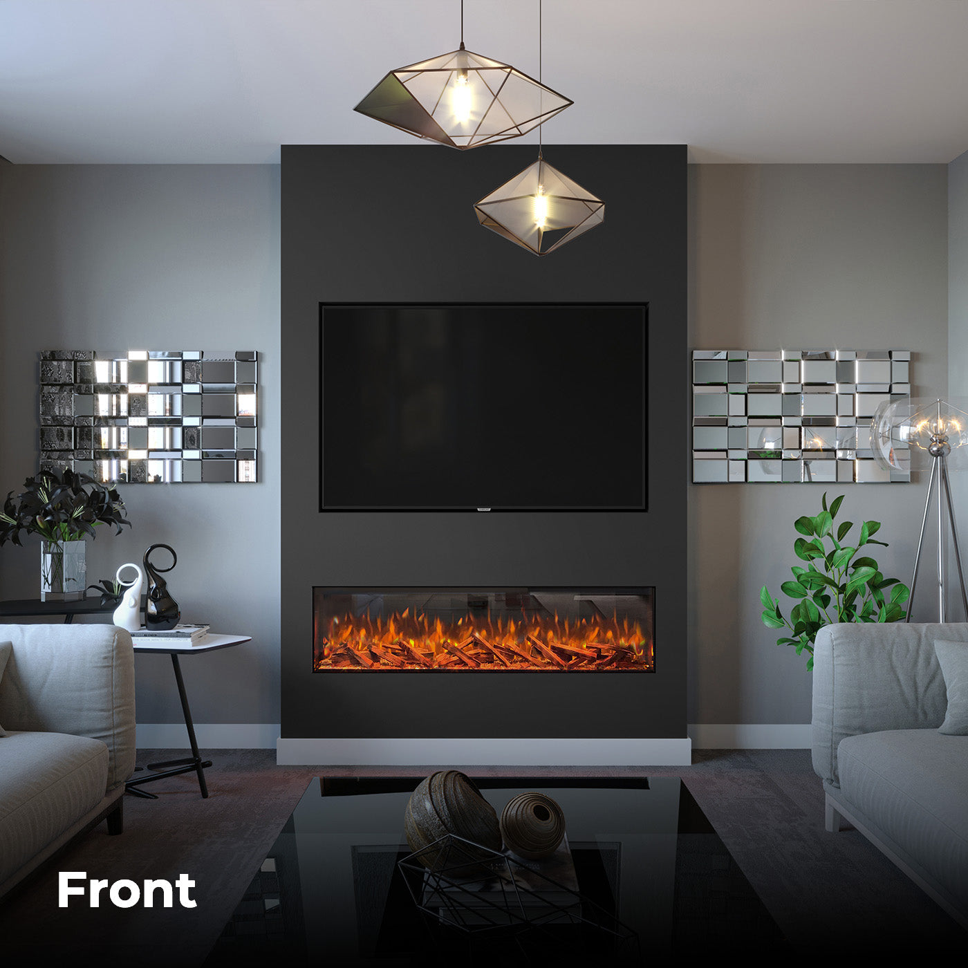 Fair Fires Tru Vizion Pano 1500 in moderne woonkamer met inbouwhaard onder tv