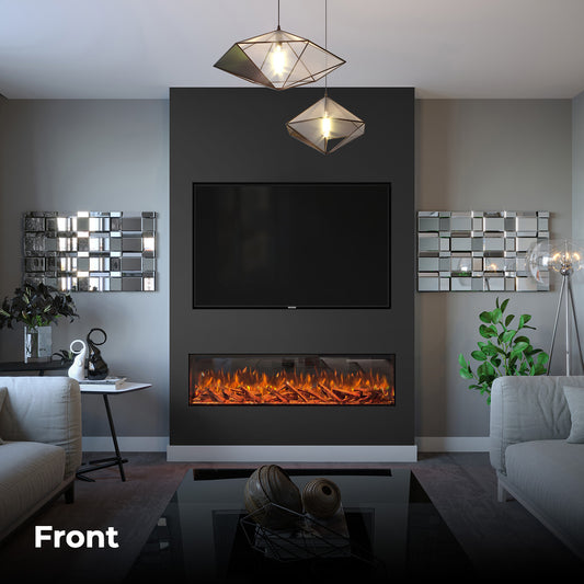 Fair Fires Tru Vizion Pano 1500 in moderne woonkamer met inbouwhaard onder tv
