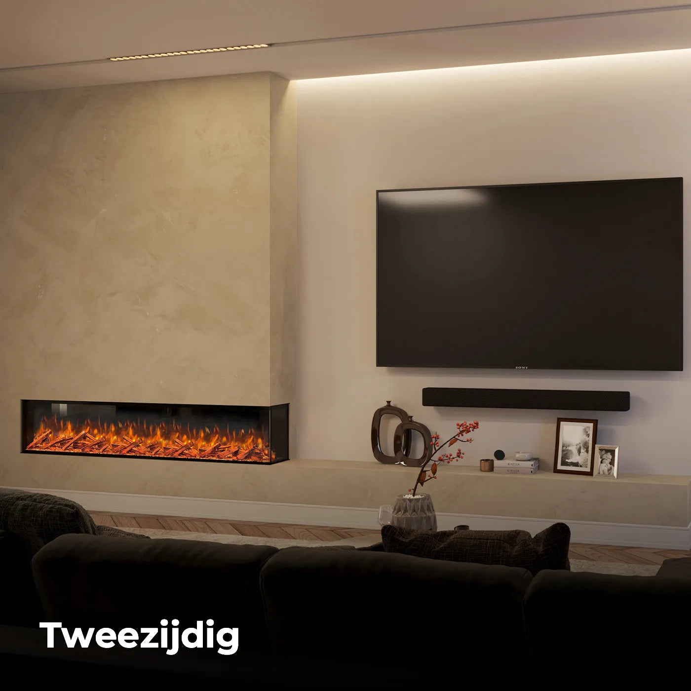 Fair Fires Tru Vizion Pano 2000 tweezijdige haard onder een grote flatscreen-tv.