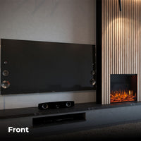 Fair Fires Tru Vizion Pano 700 ingebouwd naast tv in moderne woonkamer