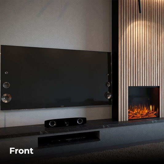 Fair Fires Tru Vizion Pano 700 ingebouwd naast tv in moderne woonkamer