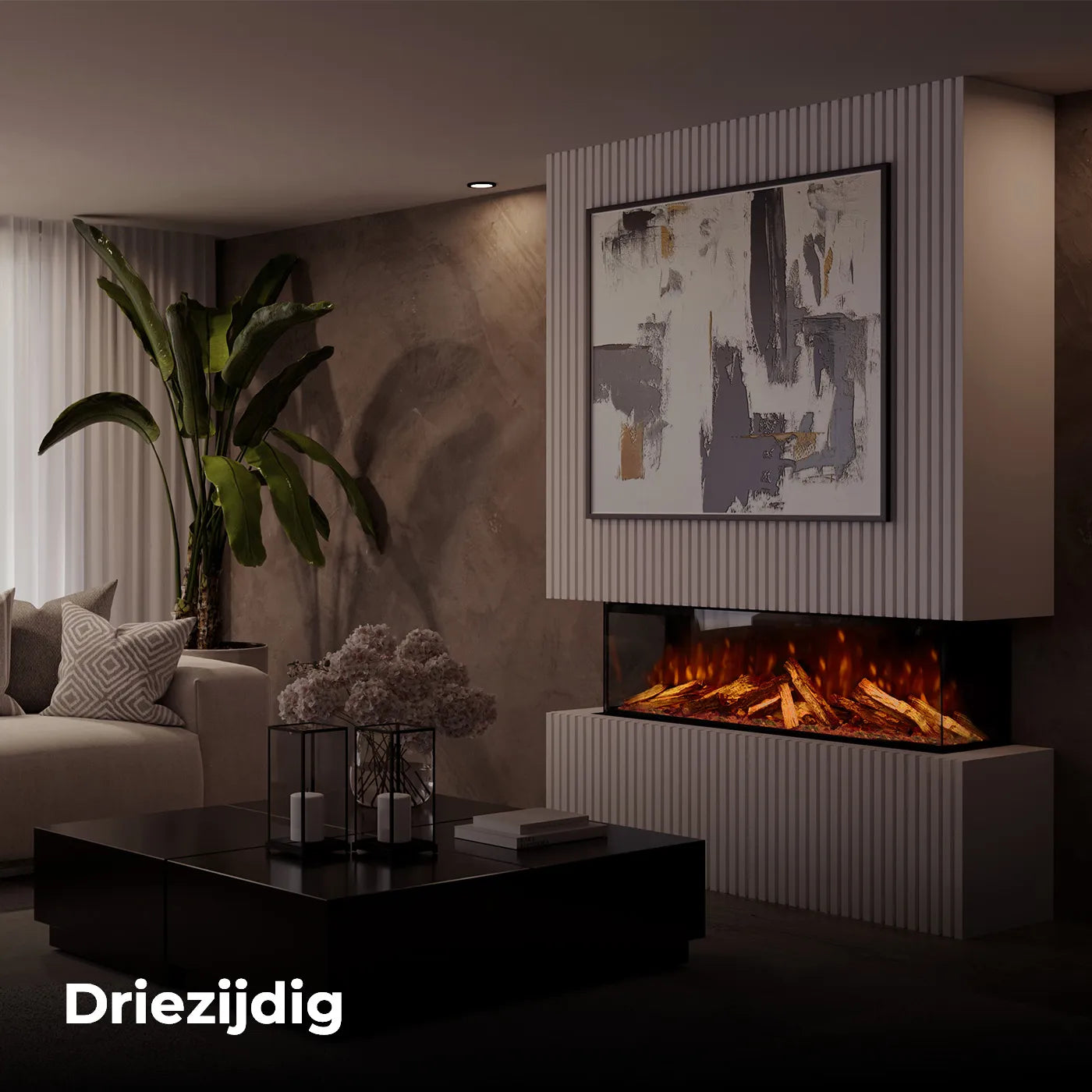 Fair Fires Tru Vizion Pano S 1000 in een moderne woonkamer met abstract schilderij.