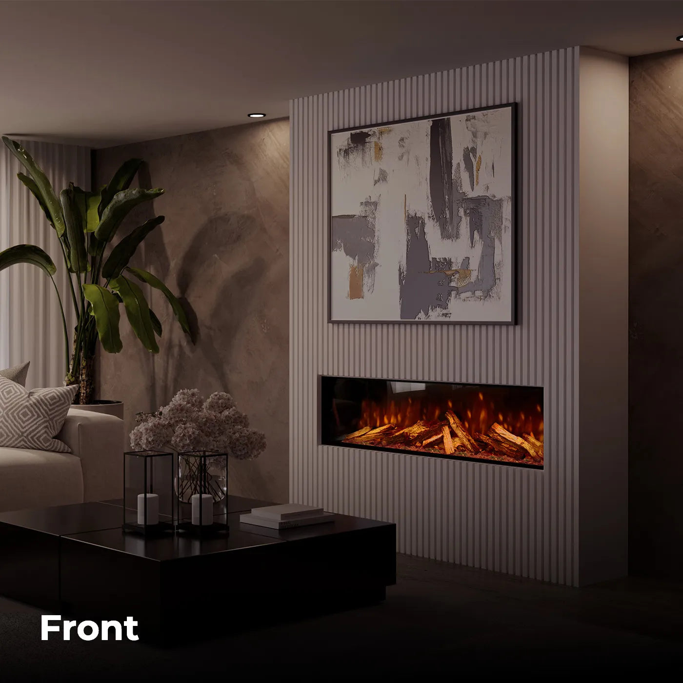 Moderne woonkamer met Fair Fires Tru Vizion Pano S 1000 ingebouwde haard en abstract schilderij.