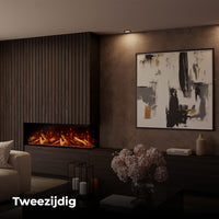Fair Fires Tru Vizion Pano S 1000 in moderne woonkamer met hoekhaard en vlammen