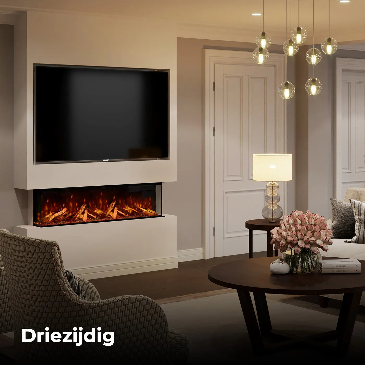 Woonkamer met Fair Fires Tru Vizion Pano S 1300 haard onder een televisie.