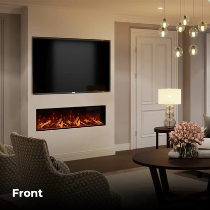 Woonkamer met Fair Fires Tru Vizion Pano S 1300, een moderne haard onder een televisie.