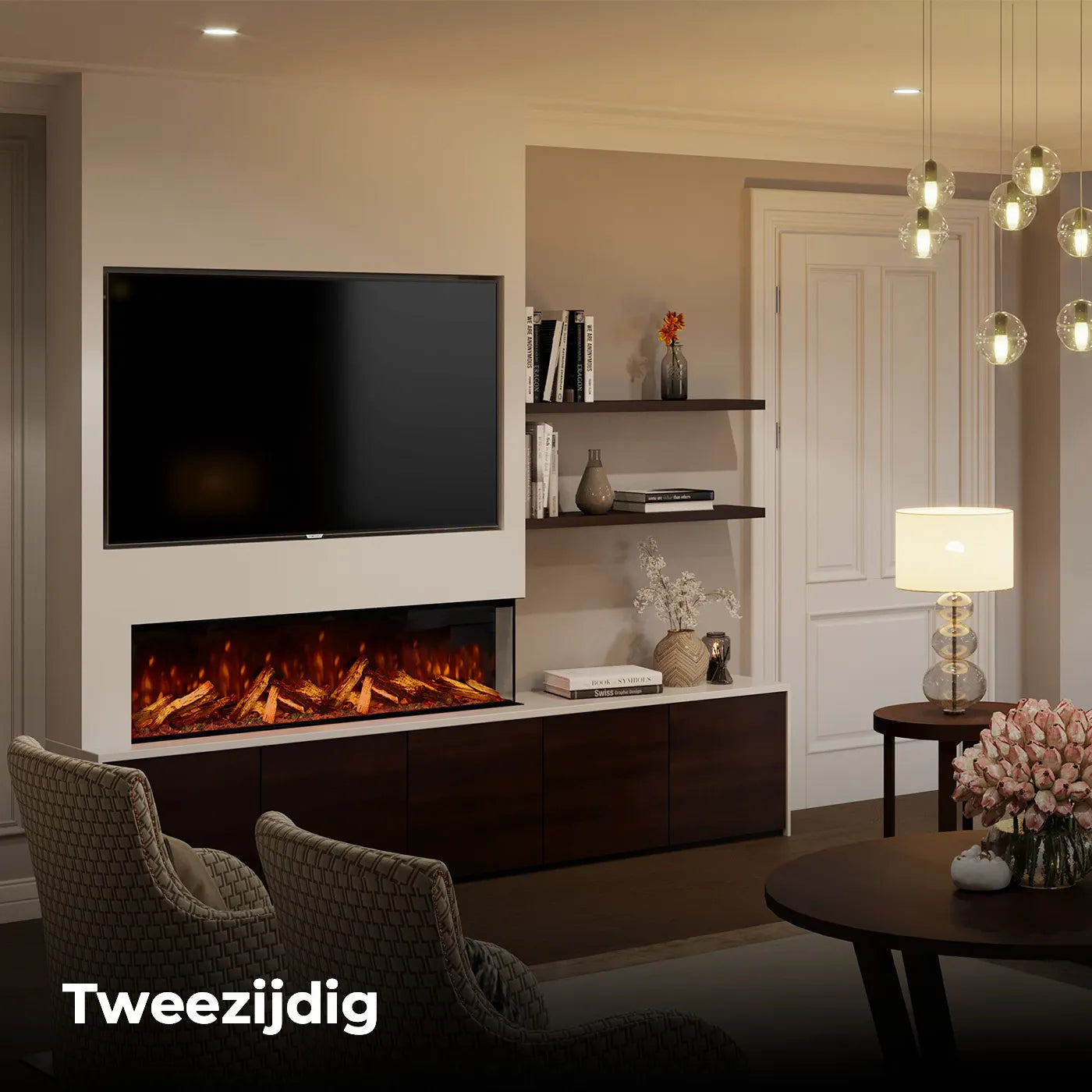 Woonkamer met Fair Fires Tru Vizion Pano S 1300 haard onder een televisie, naast planken.