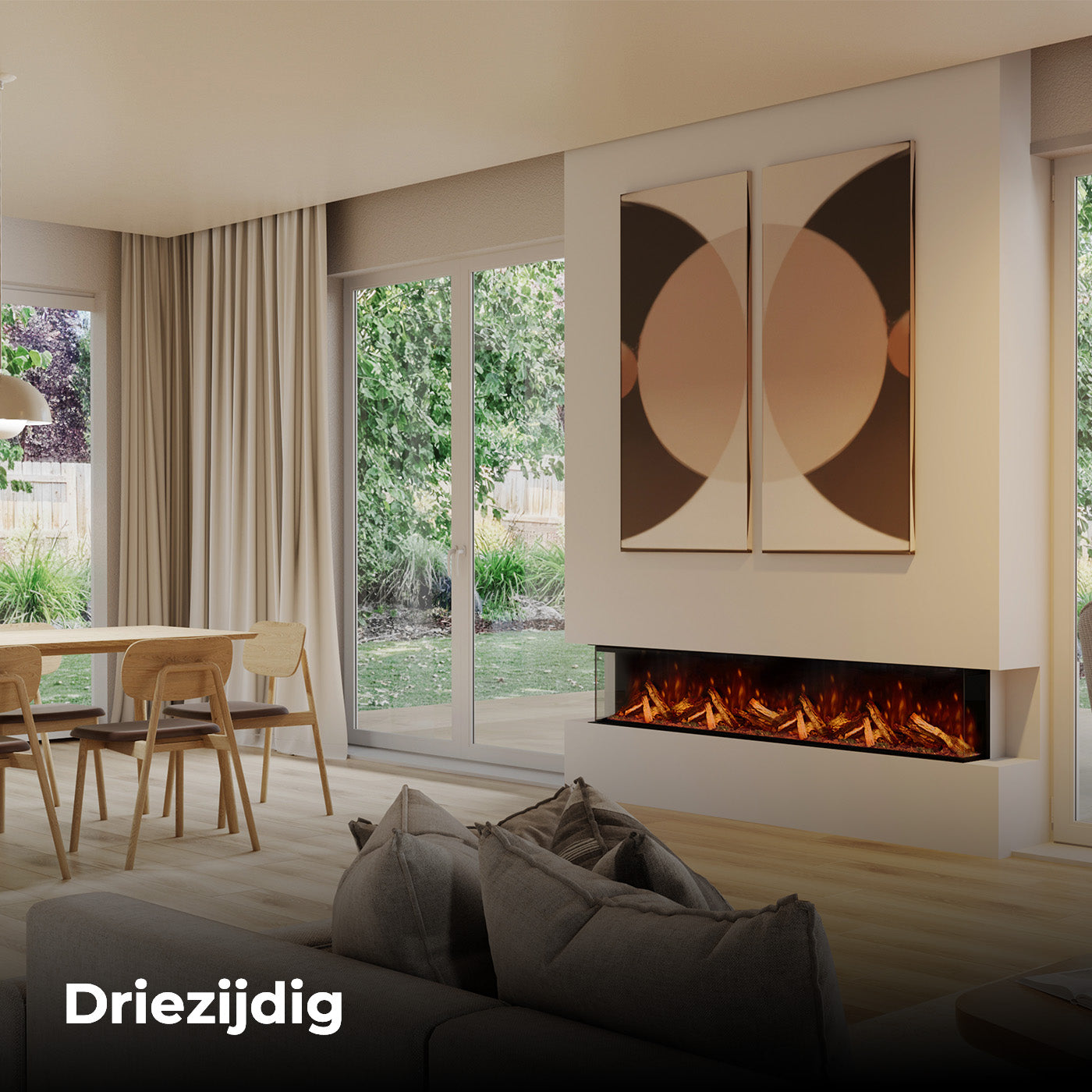 Fair Fires Tru Vizion Pano S 2000 driezijdige haard in moderne woonkamer