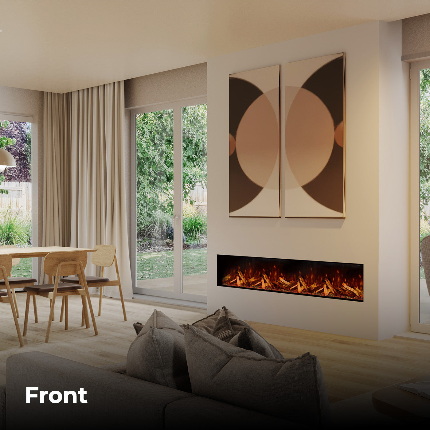 Fair Fires Tru Vizion Pano S 2000 in moderne woonkamer met ingebouwde haard