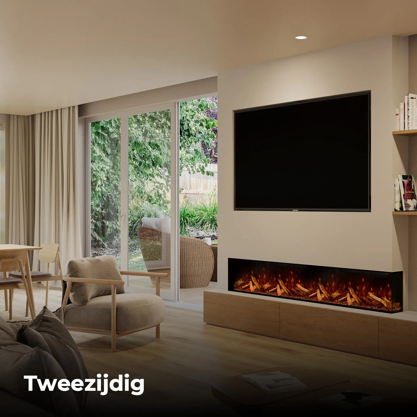 Woonkamer met Fair Fires Tru Vizion Pano S 2000 haard, grote ramen en moderne inrichting.