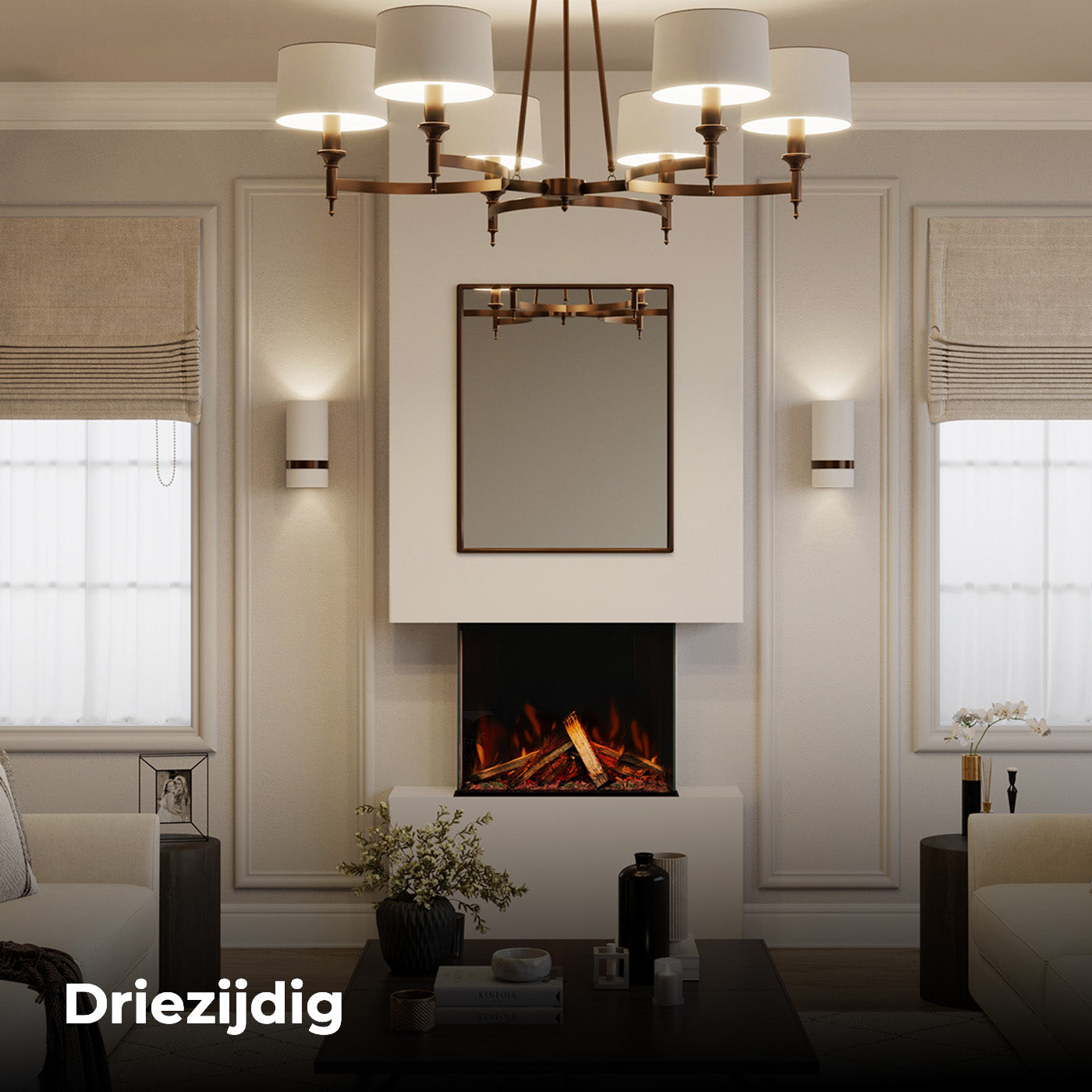 Fair Fires Tru Vizion Pano S 700 in stijlvolle woonkamer met brandend haardvuur