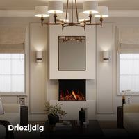 Fair Fires Tru Vizion Pano S 700 in stijlvolle woonkamer met brandend haardvuur