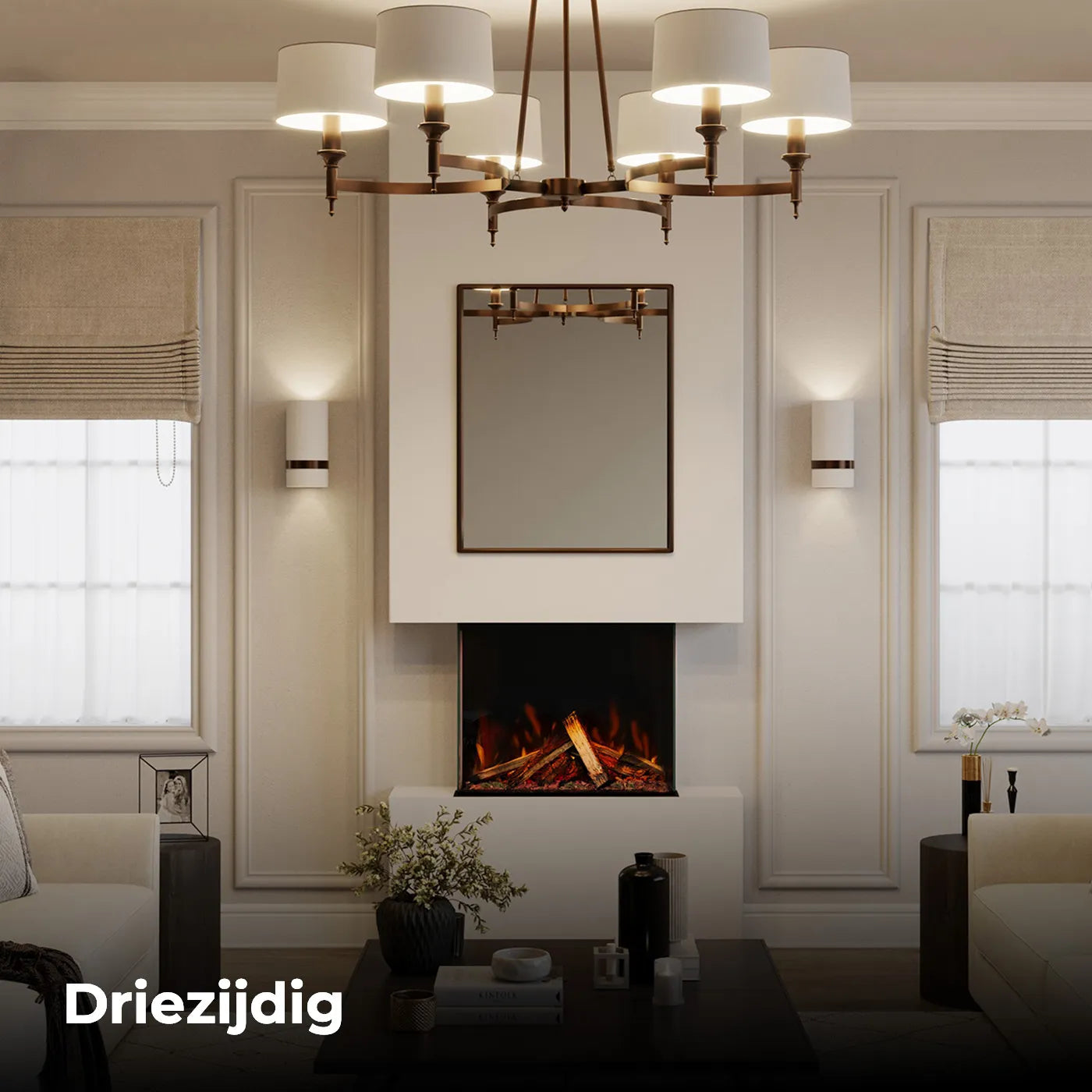 Woonkamer met Fair Fires Tru Vizion Pano S 700 haard, moderne inrichting en kroonluchter.