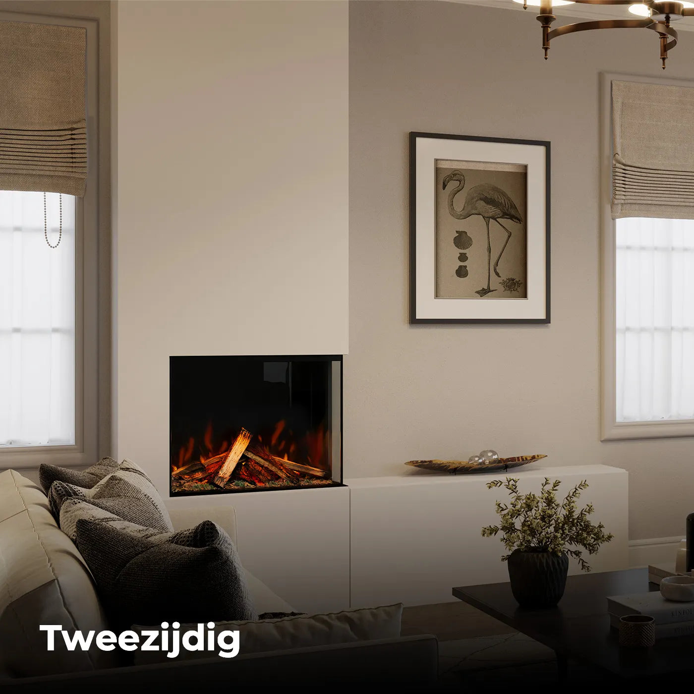 Fair Fires Tru Vizion Pano S 700 tweezijdige haard in een moderne woonkamer.