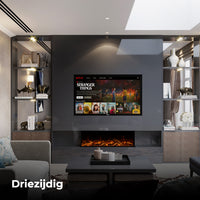 Fair Fires Tru Vizion Pano X 1250 in moderne woonkamer met ingebouwde haard