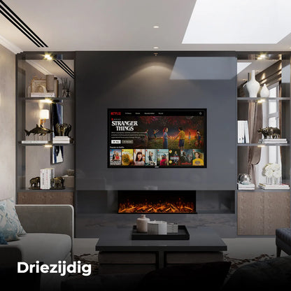 Woonkamer met Fair Fires Tru Vizion Pano X 1250 haard onder een tv met Netflix.