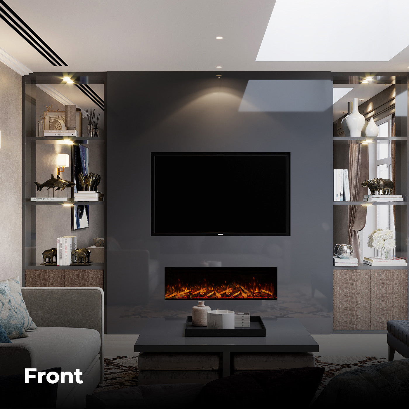Fair Fires Tru Vizion Pano X 1250 in moderne woonkamer met ingebouwd haardvlak