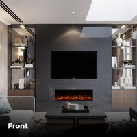 Fair Fires Tru Vizion Pano X 1250 in moderne woonkamer met ingebouwd haardvlak